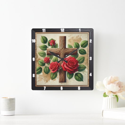 Houten Kruis Rode Rozen Vierkante Klok (Huis)