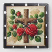 Houten Kruis Rode Rozen Vierkante Klok (Voorkant)