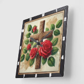 Houten Kruis Rode Rozen Vierkante Klok (Hoek)