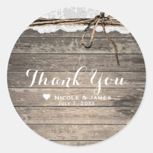 Houten Landelijke Kant & Touw Romantisch Trouwcade Ronde Sticker