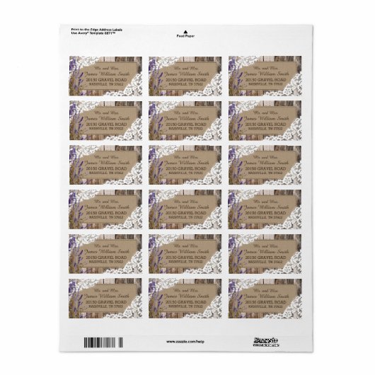 Houten Lavendel en Kant Rustiek Bruiloft Label (Full Sheet)