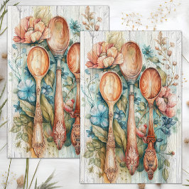 HOUTEN LEPELS DECOUPAGE MET BLOEMENMOTIEF TISSUEPAPIER
