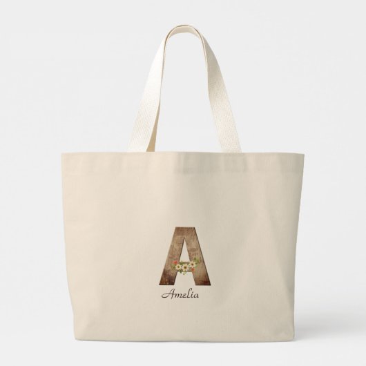 Houten letter bloem monogram pensionering Canvas t Grote Tote Bag (Achterkant)