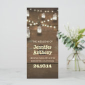 Houten lichten metselaarskruiken rustieke huwelijk programmakaart (Staand voorkant)