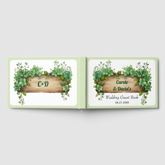 Houten lijst, groen en strepen lentebruiloft gastenboek (Volledig)
