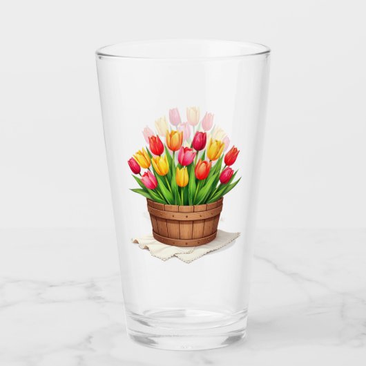 Houten Mand gevuld met Tulpen Glas (Voorkant)