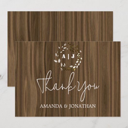 Houten Monogram Huwelijk Bedankkaart met Rustieke  (Voorkant / Achterkant)