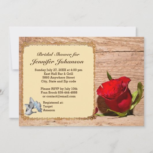 Houten muur & rode roos bruids douche uitnodiging (Voorkant)