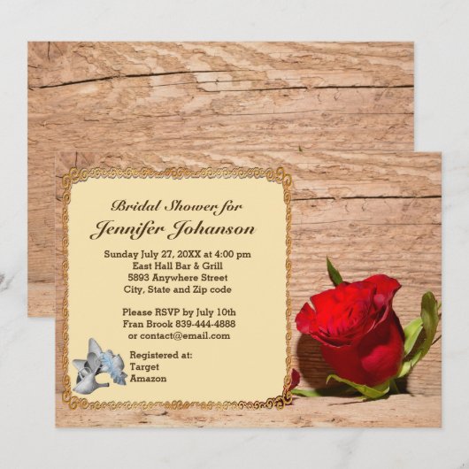 Houten muur & rode roos bruids douche uitnodiging (Voorkant / Achterkant)