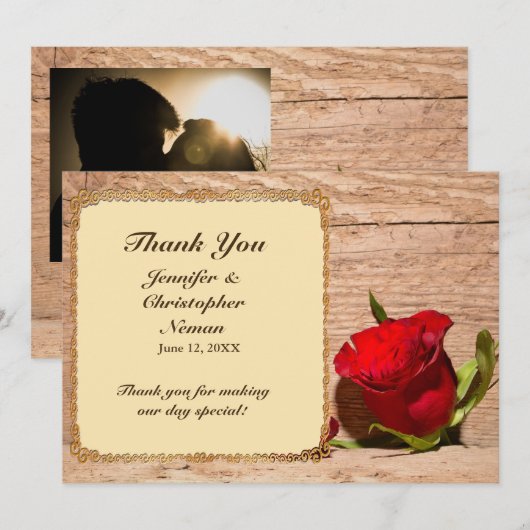 Houten Muur & Rode Roos Dank u kaart (Voorkant / Achterkant)