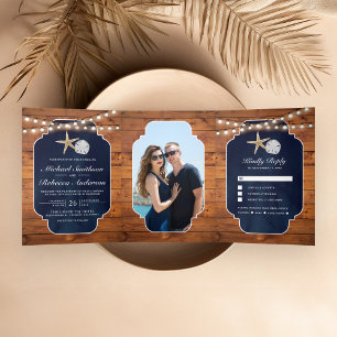 Houten Navy Blauwe Zeester Zanddollar Strand Bruil Drieluik Uitnodiging