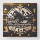 Houten paardensnijwerk met bergachtergrond vierkante klok (Voorkant)