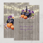 Houten Paarse Pompoenlichten Wijnglas Bruiloft Kaart (Voorkant / Achterkant)