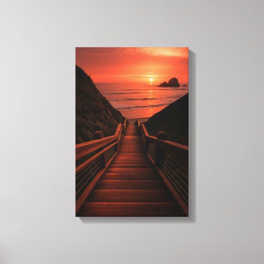Houten pad naar het strand zonsondergang over Ocea Canvas Afdruk (Voorkant)