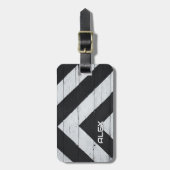 Houten paneel met zwarte en witte pijlstrepen bagagelabel (Voorkant verticaal)