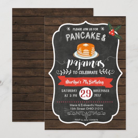 Houten perskoeken en pyjamas Birthday Uitnodiging (Voorkant / Achterkant)