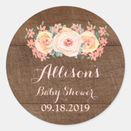 Houten Perzik Waterverf Bloemen Baby shower Label