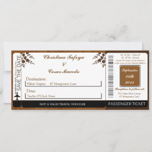 Houten plank vloer boarding pass bruiloft uitnodig kaart