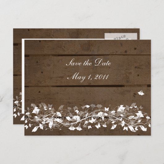 Houten Planken Bloemen Save the Date Aankondigingskaart (Voorkant / Achterkant)