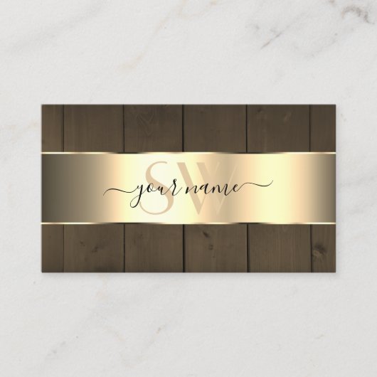 Houten planken Bruin Hout Graan Monogram Gold Deco Visitekaartje (Voorkant)