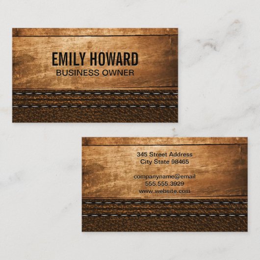 Houten Planken | Gestikte Leer Visitekaartje (Voorkant / Achterkant)