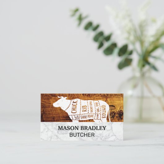 Houten Planken Marmer | Rundvlees Diagram Visitekaartje (Staand voorkant)