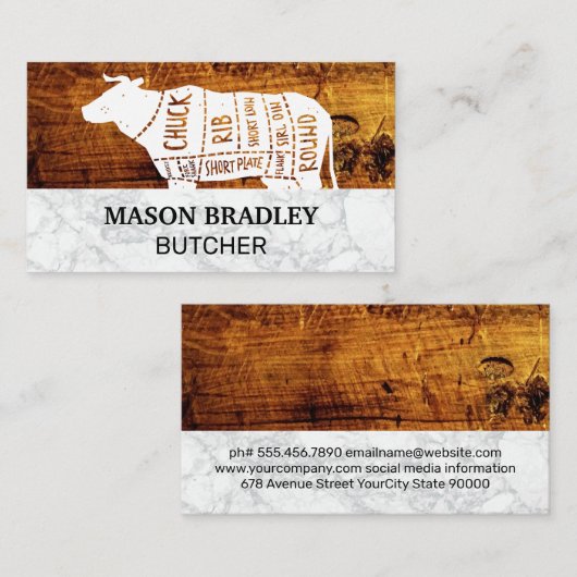 Houten Planken Marmer | Rundvlees Diagram Visitekaartje (Voorkant / Achterkant)