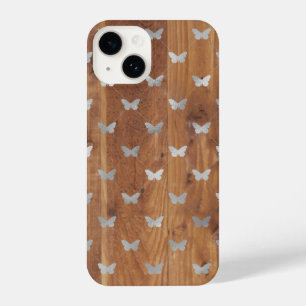Houten Planks & Silver Butterflies iPhone 14 Hoesj Hoesje