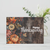 Houten pompoenen en bladeren Happy Thanksgiving Feestdagenkaart (Staand voorkant)
