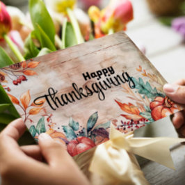 Houten pompoenen en bladeren Happy Thanksgiving Feestdagenkaart