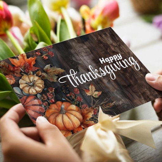 Houten pompoenen en bladeren Happy Thanksgiving Feestdagenkaart