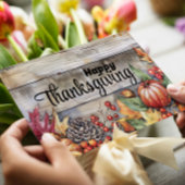 Houten pompoenen en bladeren Happy Thanksgiving Feestdagenkaart