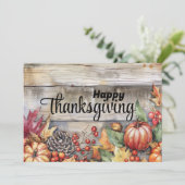Houten pompoenen en bladeren Happy Thanksgiving Feestdagenkaart (Staand voorkant)
