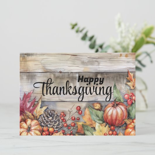 Houten pompoenen en bladeren Happy Thanksgiving Feestdagenkaart (Staand voorkant)