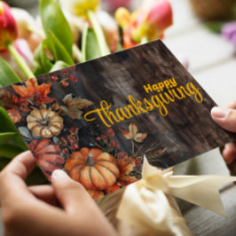 Houten Pompoenen en Bladeren Prettig Thanksgivingd Feestdagenkaart