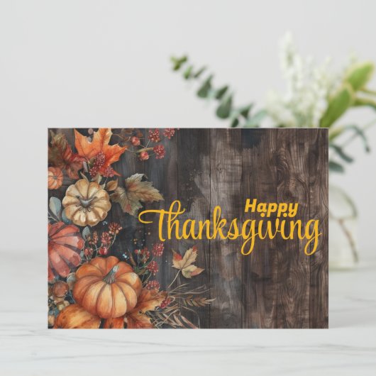 Houten Pompoenen en Bladeren Prettig Thanksgivingd Feestdagenkaart (Staand voorkant)