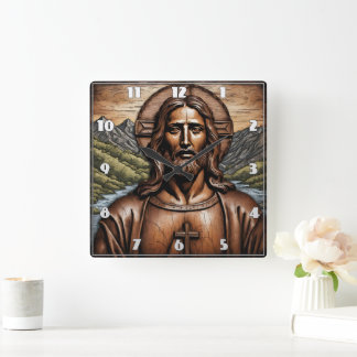 Houten portret van Jezus te midden van Natuur Vierkante Klok