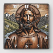 Houten portret van Jezus te midden van Natuur Vierkante Klok (Voorkant)
