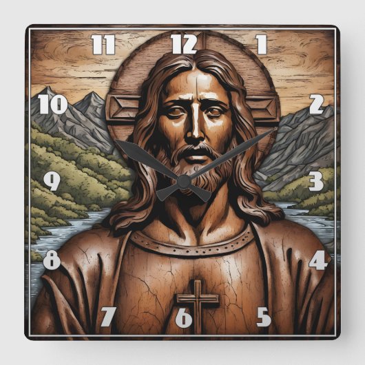 Houten portret van Jezus te midden van Natuur Vierkante Klok (Voorkant)