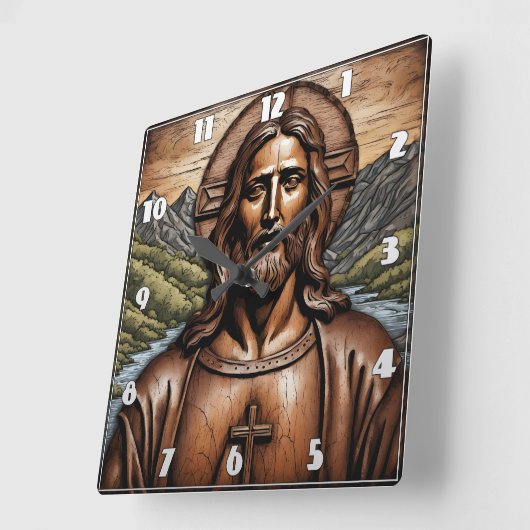 Houten portret van Jezus te midden van Natuur Vierkante Klok (Hoek)