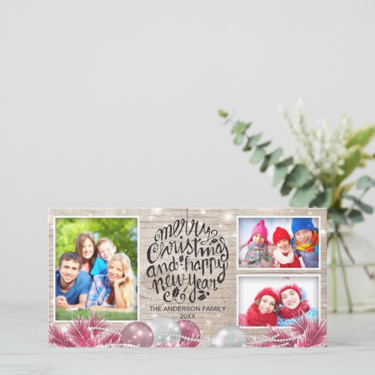 Houten Prettig Kerstfeest Gelukkig Nieuwjaar Groet Feestdagenkaart (Staand voorkant)