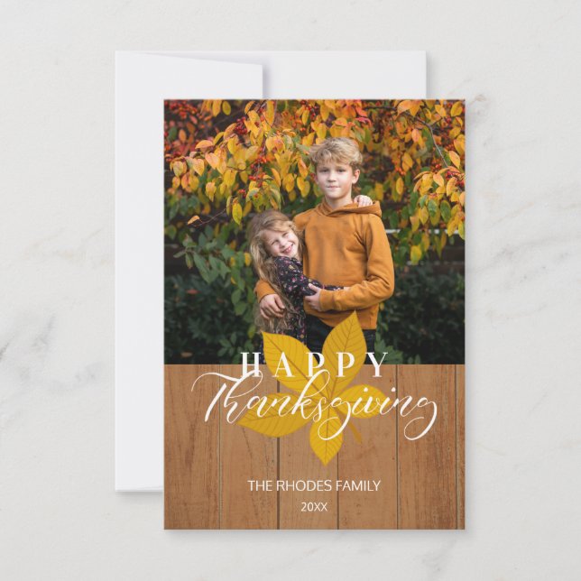 Houten Prettig Thanksgiving Script Bladeren Foto (Voorkant)