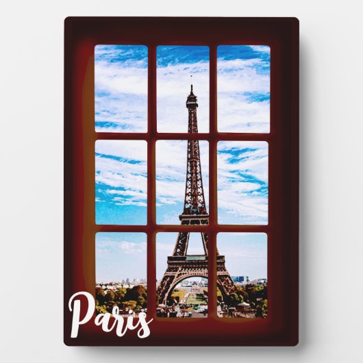Houten raam met uitzicht op Eiffeltoren, Parijs Fotoplaat (voorkant)