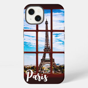Houten raam met uitzicht op Eiffeltoren, Parijs iPhone 13 Hoesje