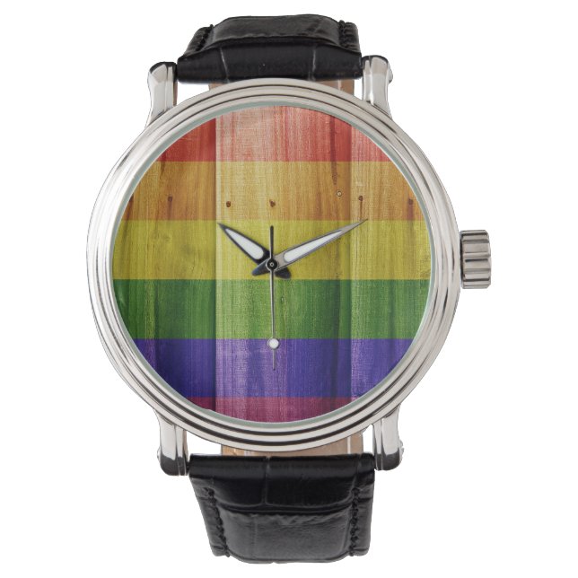 Houten regenboog pride vlag horloge (Voorkant)