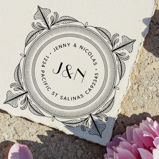 Houten retouradresstempel met botanisch frame rubberstempel