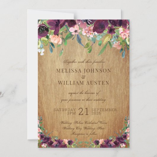 Houten robuuste bloemige trouw uitnodiging magnetische uitnodiging (Voorkant)