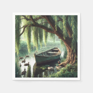 Houten Roeiboot Onder een Wilg Servet