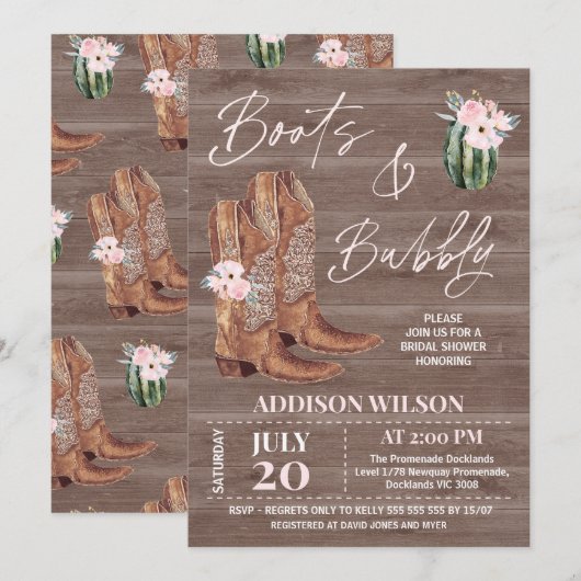 Houten Roze Bloemrijke Laarzen en Bruisende Bruids Kaart (Voorkant / Achterkant)