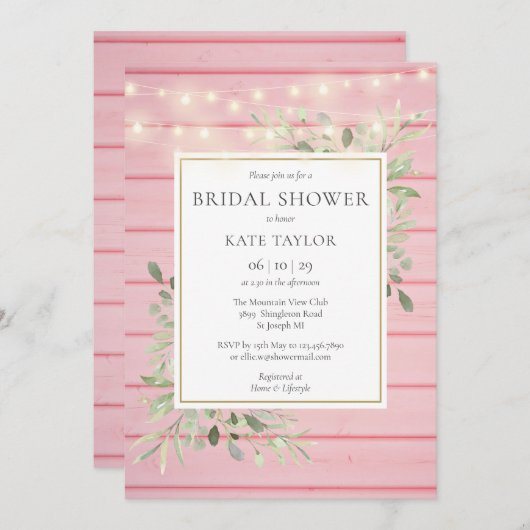 Houten Roze Lichten Groene Bruiloft Kaart (Voorkant / Achterkant)